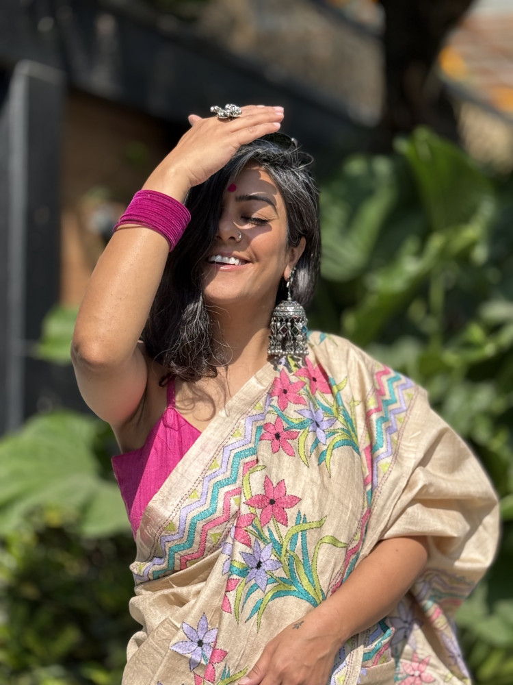 Image of BEIGE KANTHA HAND EMBROIDERED TUSSAR  SILK SARI