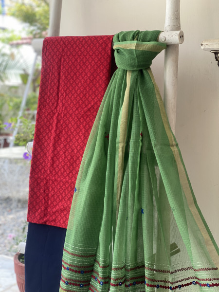 RED & GREEN PHULWARI HAND EMBROIDERED KOTA DUPATTA SET