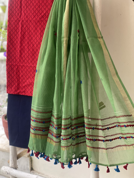 RED & GREEN PHULWARI HAND EMBROIDERED KOTA DUPATTA SET