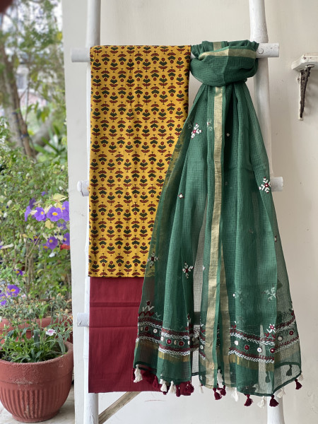 MUSTARD & SAGE GREEN PHULWARI HAND EMBROIDERED KOTA DUPATTA SET