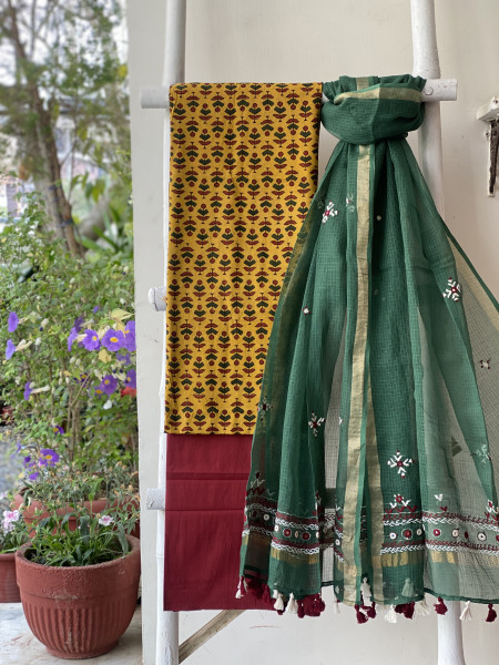 MUSTARD & SAGE GREEN PHULWARI HAND EMBROIDERED KOTA DUPATTA SET