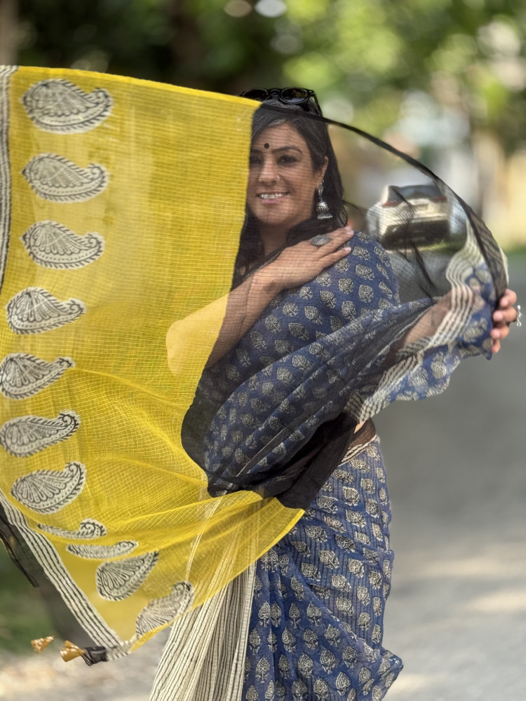 Image of INDIGO-BEIGE HAND BLOCK PRINT COTTON KOTA SARI