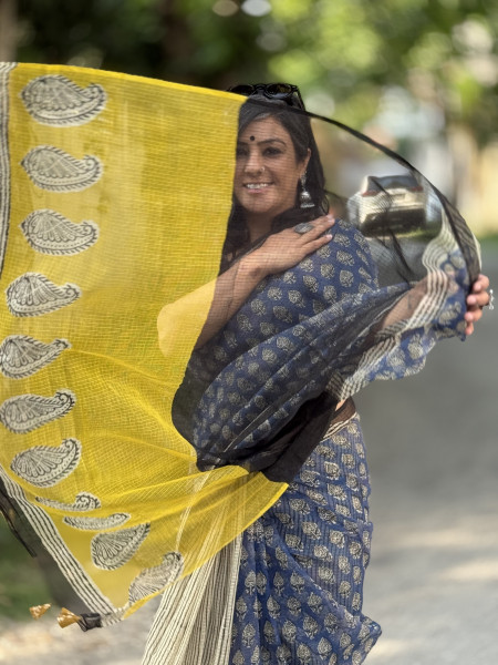 INDIGO-BEIGE HAND BLOCK PRINT COTTON KOTA SARI