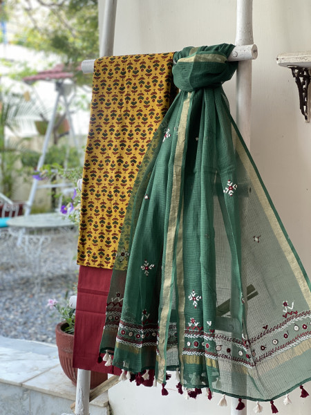 MUSTARD & SAGE GREEN PHULWARI HAND EMBROIDERED KOTA DUPATTA SET