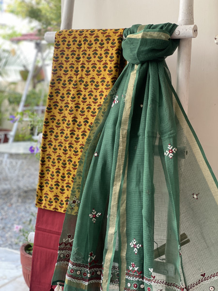 MUSTARD & SAGE GREEN PHULWARI HAND EMBROIDERED KOTA DUPATTA SET