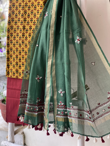 MUSTARD & SAGE GREEN PHULWARI HAND EMBROIDERED KOTA DUPATTA SET