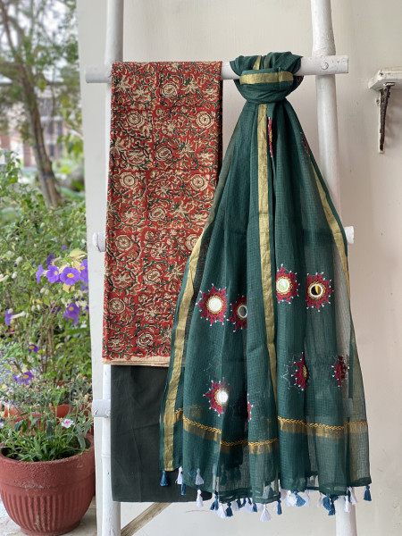 RUST & SAGE GREEN PHULWARI HAND EMBROIDERED KOTA DUPATTA SET