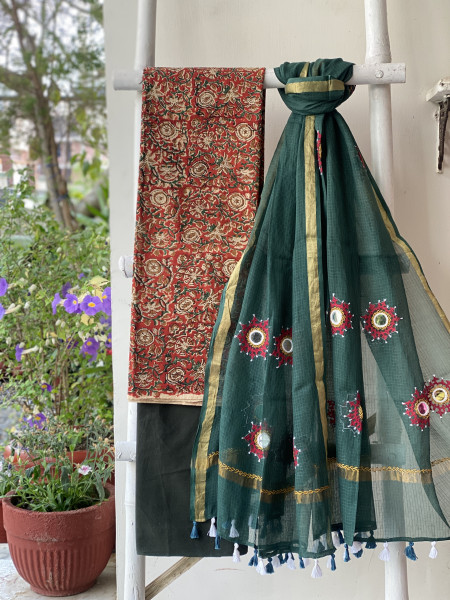 RUST & SAGE GREEN PHULWARI HAND EMBROIDERED KOTA DUPATTA SET