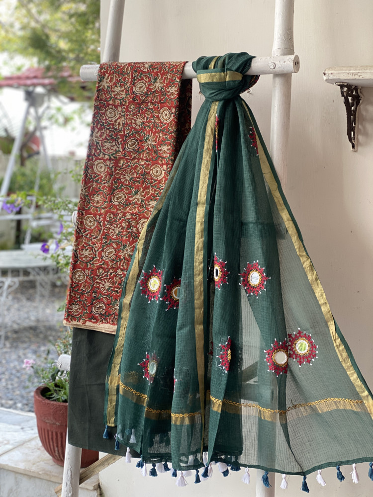 Image of RUST &amp; SAGE GREEN PHULWARI HAND EMBROIDERED KOTA DUPATTA SET
