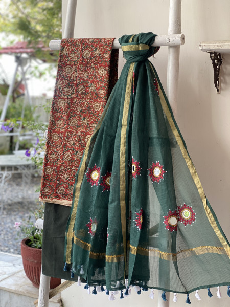 RUST & SAGE GREEN PHULWARI HAND EMBROIDERED KOTA DUPATTA SET