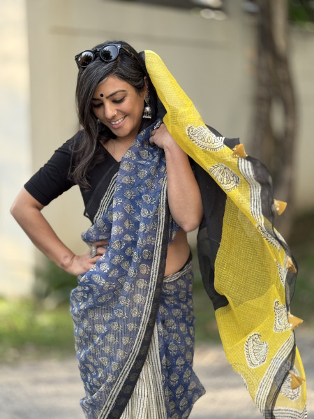 INDIGO-BEIGE HAND BLOCK PRINT COTTON KOTA SARI