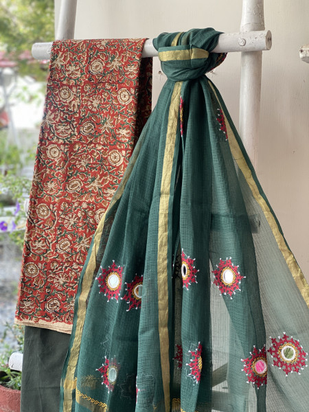 RUST & SAGE GREEN PHULWARI HAND EMBROIDERED KOTA DUPATTA SET