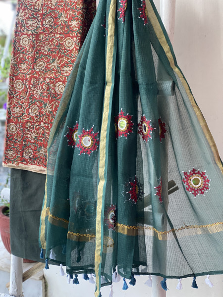 RUST & SAGE GREEN PHULWARI HAND EMBROIDERED KOTA DUPATTA SET