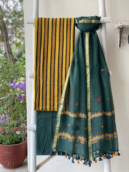 MUSTARD & BOTTLE GREEN PHULWARI HAND EMBROIDERED KOTA DUPATTA SET