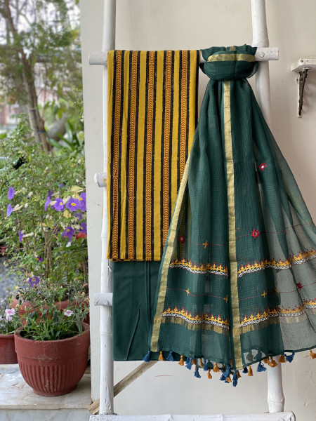 MUSTARD & BOTTLE GREEN PHULWARI HAND EMBROIDERED KOTA DUPATTA SET