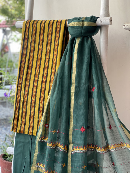 MUSTARD & BOTTLE GREEN PHULWARI HAND EMBROIDERED KOTA DUPATTA SET