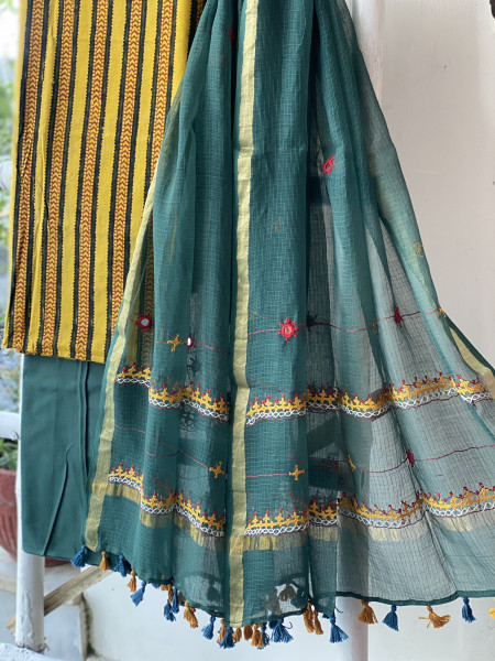 MUSTARD & BOTTLE GREEN PHULWARI HAND EMBROIDERED KOTA DUPATTA SET