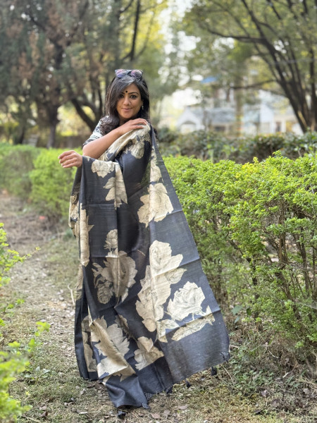 CHARCOAL BLACK FLORAL PRINT TUSSAR SILK SARI