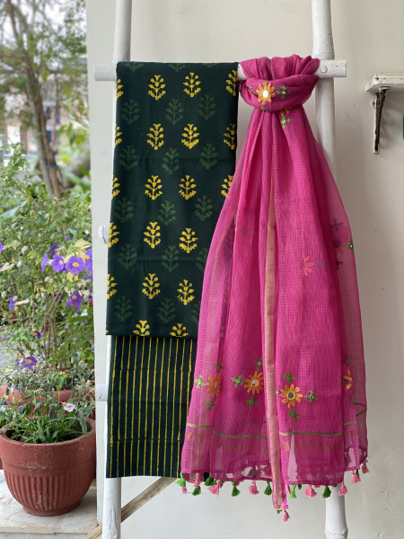 BOTTLE GREEN & PINK PHULWARI HAND EMBROIDERED KOTA DUPATTA SET