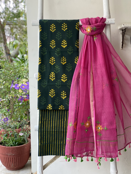 BOTTLE GREEN & PINK PHULWARI HAND EMBROIDERED KOTA DUPATTA SET