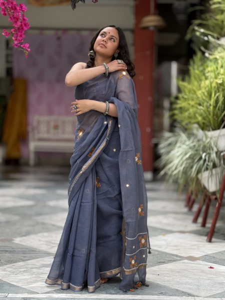 GREY  KOTA COTTON HAND EMBROIDERED SARI