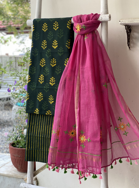 BOTTLE GREEN & PINK PHULWARI HAND EMBROIDERED KOTA DUPATTA SET