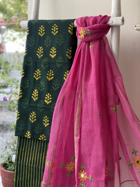 BOTTLE GREEN & PINK PHULWARI HAND EMBROIDERED KOTA DUPATTA SET