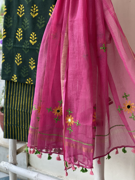 BOTTLE GREEN & PINK PHULWARI HAND EMBROIDERED KOTA DUPATTA SET