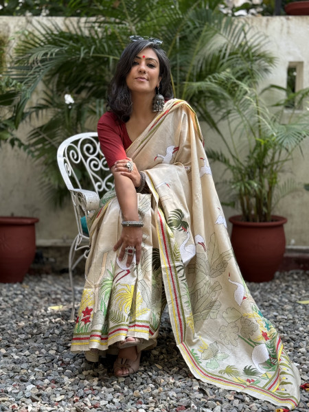 BEIGE KANTHA HAND EMBROIDERED TUSSAR  SILK SARI
