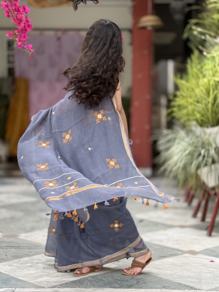 GREY  KOTA COTTON HAND EMBROIDERED SARI