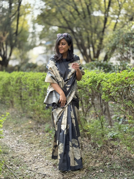 CHARCOAL BLACK FLORAL PRINT TUSSAR SILK SARI