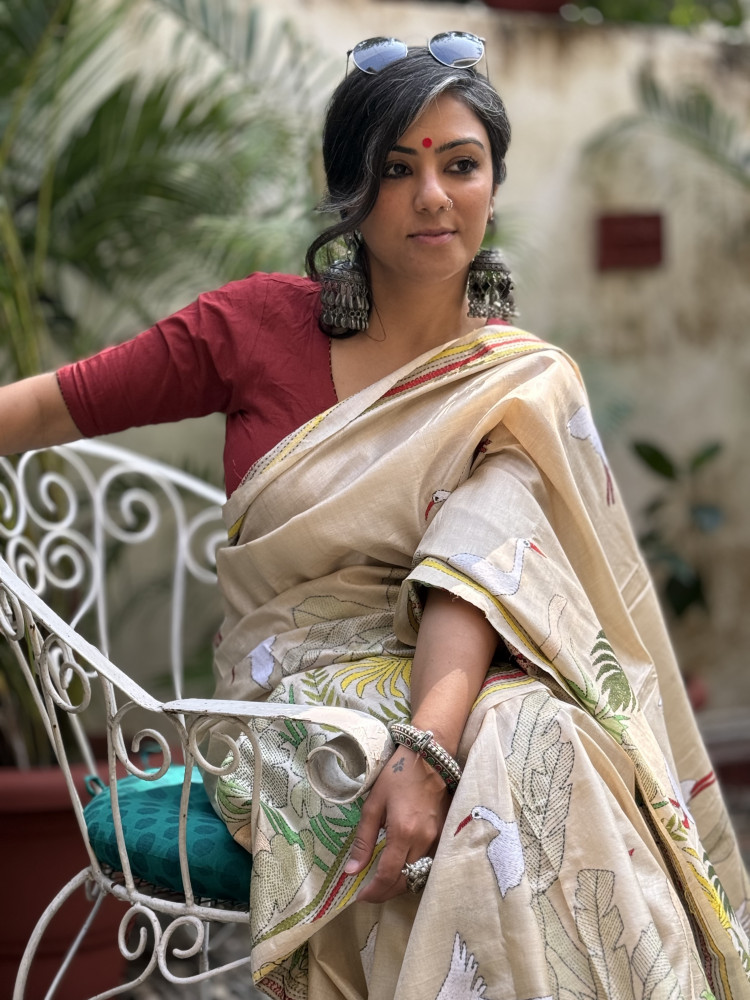 Image of BEIGE KANTHA HAND EMBROIDERED TUSSAR  SILK SARI