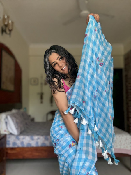 BLUE GINGHAM CHECKS WITH HAND PAINTING MULMUL COTTON SARI