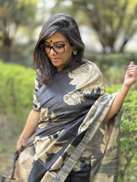 CHARCOAL BLACK FLORAL PRINT TUSSAR SILK SARI