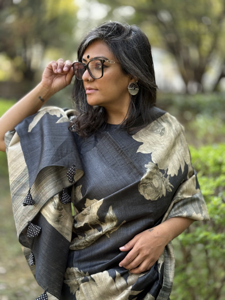 CHARCOAL BLACK FLORAL PRINT TUSSAR SILK SARI