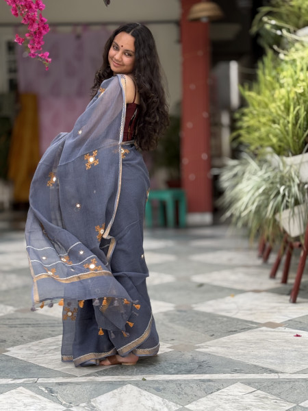 GREY  KOTA COTTON HAND EMBROIDERED SARI
