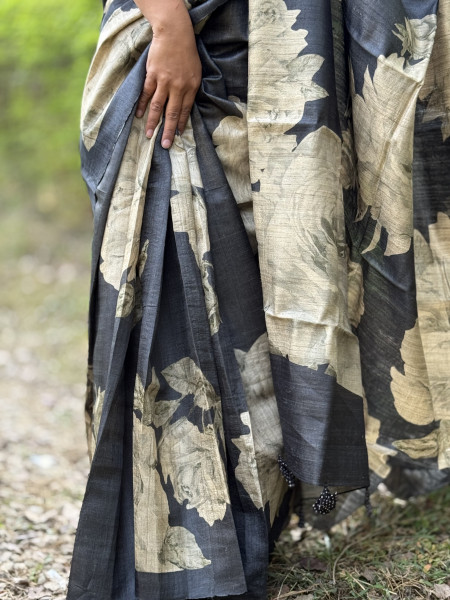 CHARCOAL BLACK FLORAL PRINT TUSSAR SILK SARI
