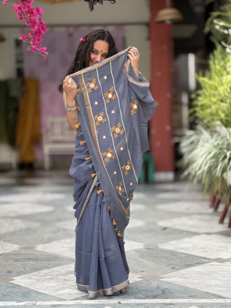 GREY  KOTA COTTON HAND EMBROIDERED SARI