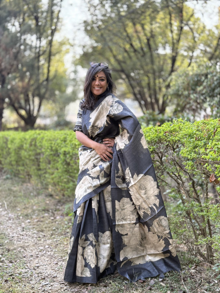 CHARCOAL BLACK FLORAL PRINT TUSSAR SILK SARI