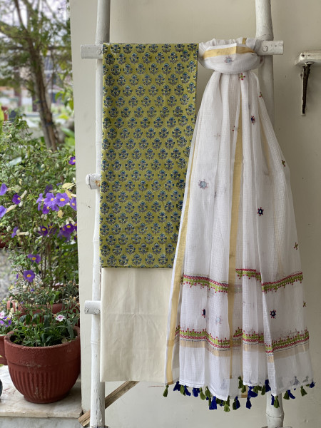 LIME GREEN & OFF WHITE PHULWARI HAND EMBROIDERED KOTA DUPATTA SET