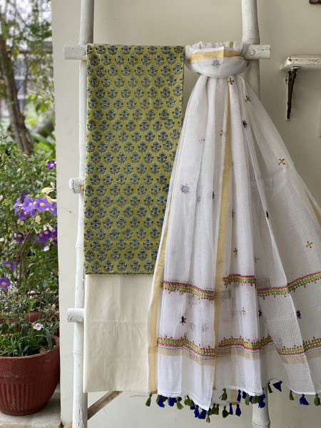 LIME GREEN & OFF WHITE PHULWARI HAND EMBROIDERED KOTA DUPATTA SET