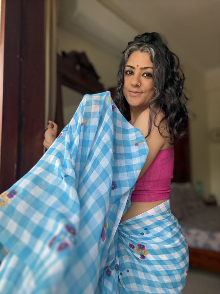 BLUE GINGHAM CHECKS WITH HAND PAINTING MULMUL COTTON SARI