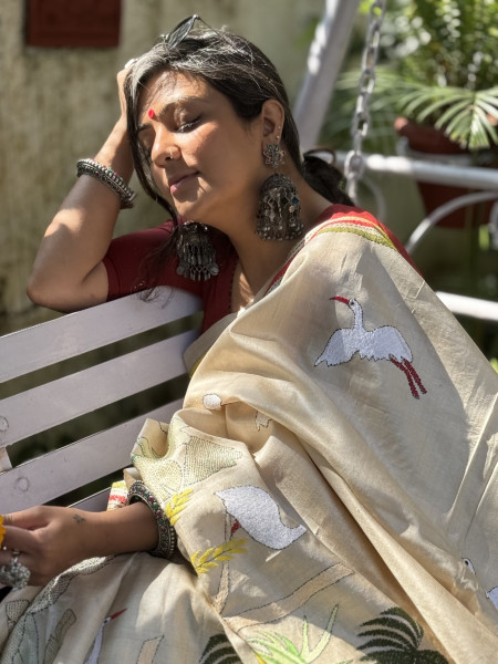 BEIGE KANTHA HAND EMBROIDERED TUSSAR  SILK SARI