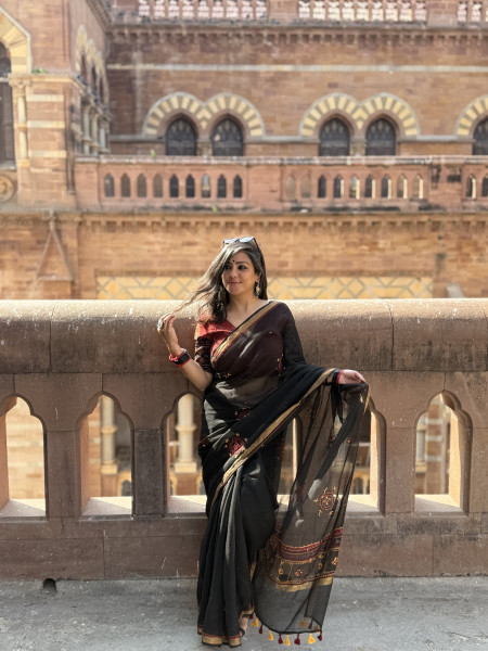 BLACK  KOTA COTTON HAND EMBROIDERED SARI