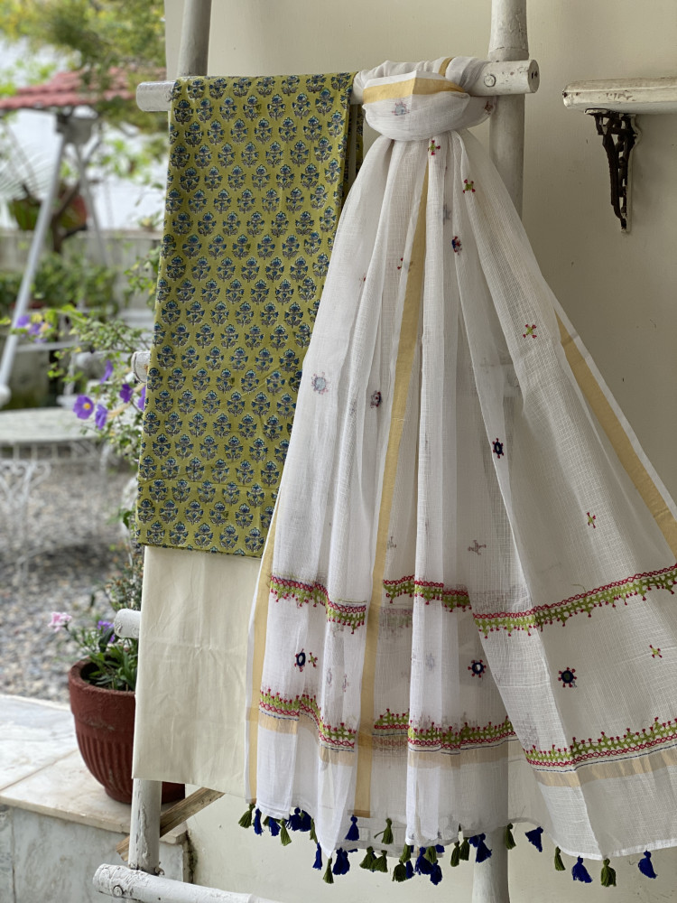 Image of LIME GREEN &amp; OFF WHITE PHULWARI HAND EMBROIDERED KOTA DUPATTA SET