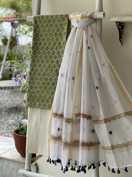 LIME GREEN & OFF WHITE PHULWARI HAND EMBROIDERED KOTA DUPATTA SET