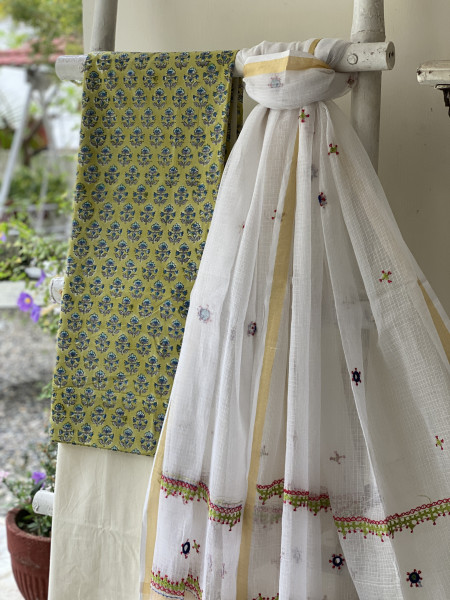 LIME GREEN & OFF WHITE PHULWARI HAND EMBROIDERED KOTA DUPATTA SET