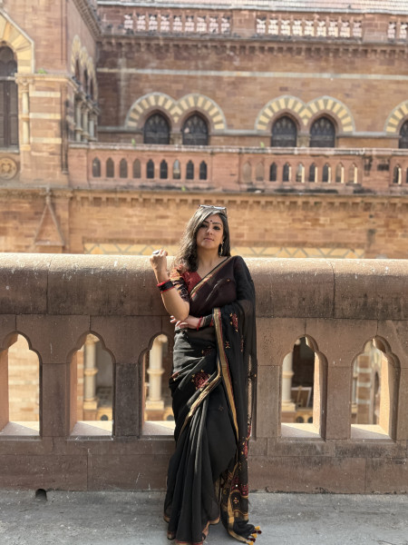 BLACK  KOTA COTTON HAND EMBROIDERED SARI