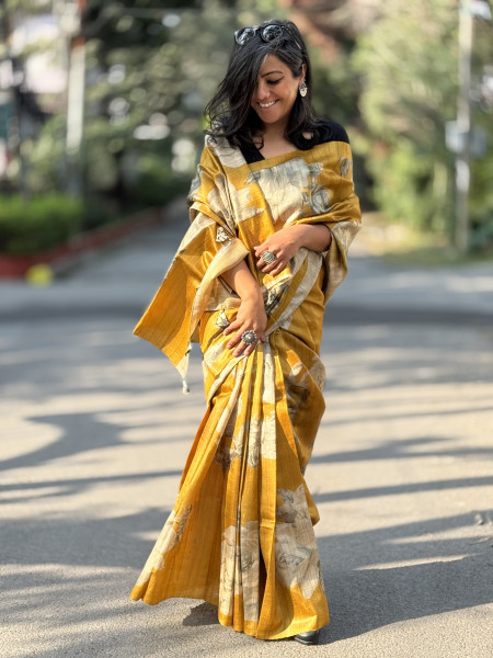 MUSTARD FLORAL PRINT TUSSAR SILK SARI