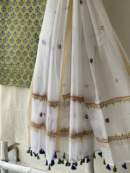 LIME GREEN & OFF WHITE PHULWARI HAND EMBROIDERED KOTA DUPATTA SET